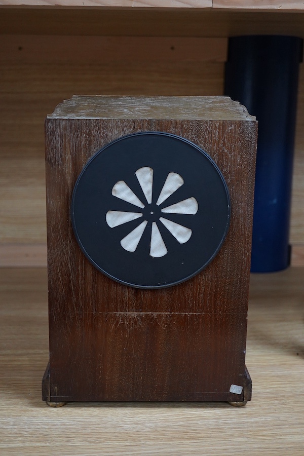 A mahogany mantel clock, with enamel dial visible Brocot escapement, 33cm high. Condition - fair, untested